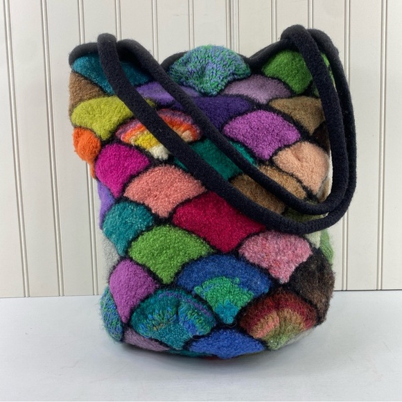 Colorful Felted “Stained Glass” Patchwork Fan Lined Rainbow Fish Hobo Bag Purse - Picture 3 of 13